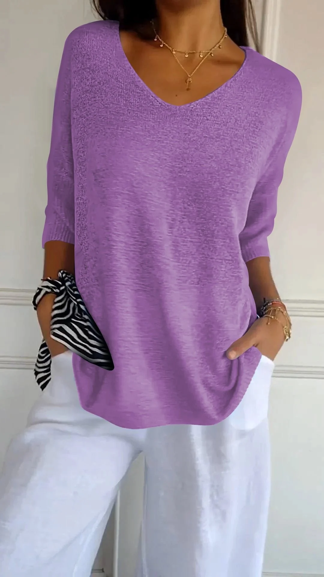Solid Color Knitted V-neck Top - Image 17