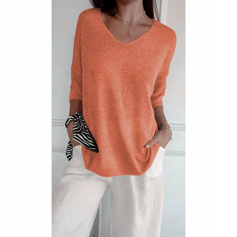 Solid Color Knitted V-neck Top - Image 19