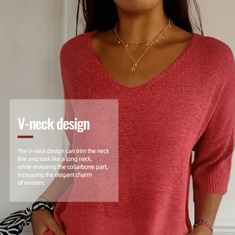 Solid Color Knitted V-neck Top - Image 2
