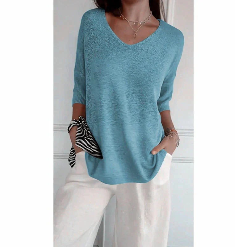 Solid Color Knitted V-neck Top - Image 20