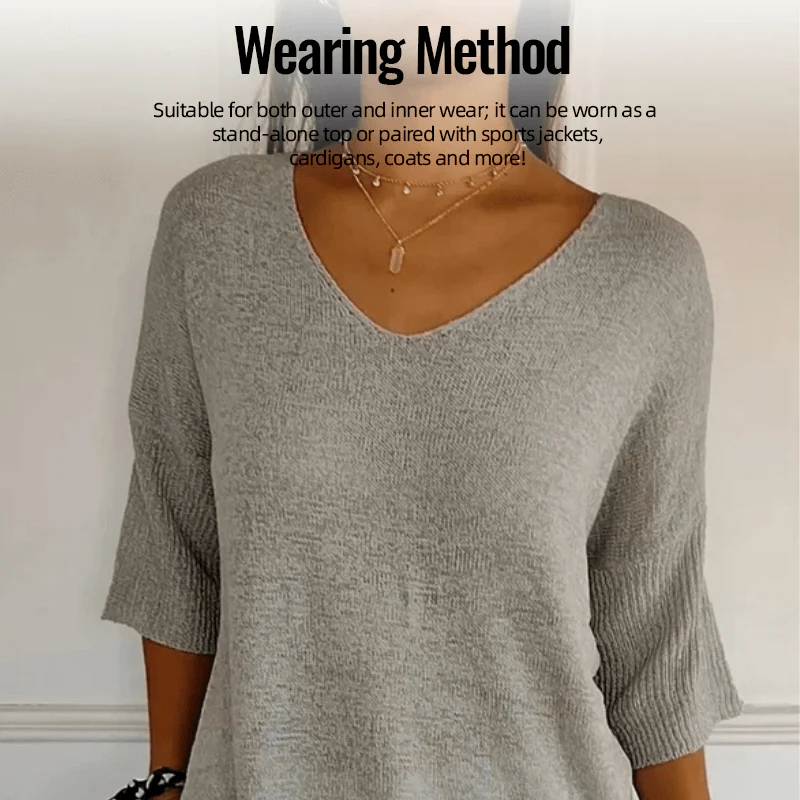 Solid Color Knitted V-neck Top - Image 3