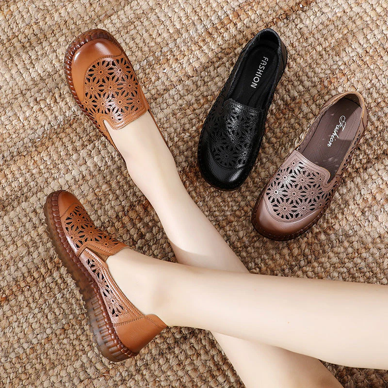 Comfortable Soft Bottom Breathable Non-Slip Engraved Retro Ladies Leather Shoes - Image 11