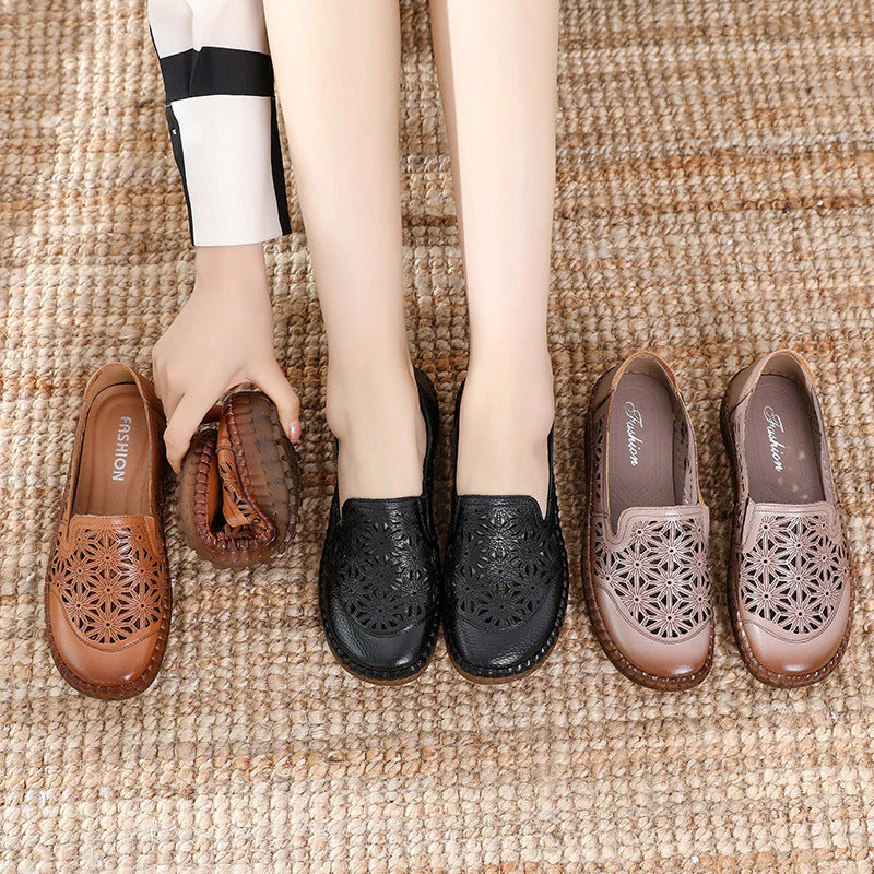 Comfortable Soft Bottom Breathable Non-Slip Engraved Retro Ladies Leather Shoes - Image 12