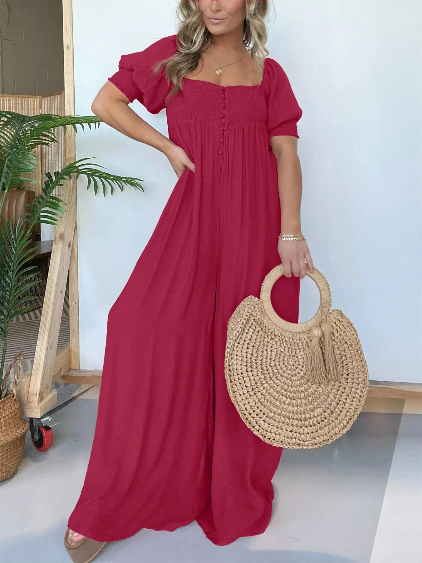 New Square Neckline Jumpsuit With Smocked Bodice Button - Image 10