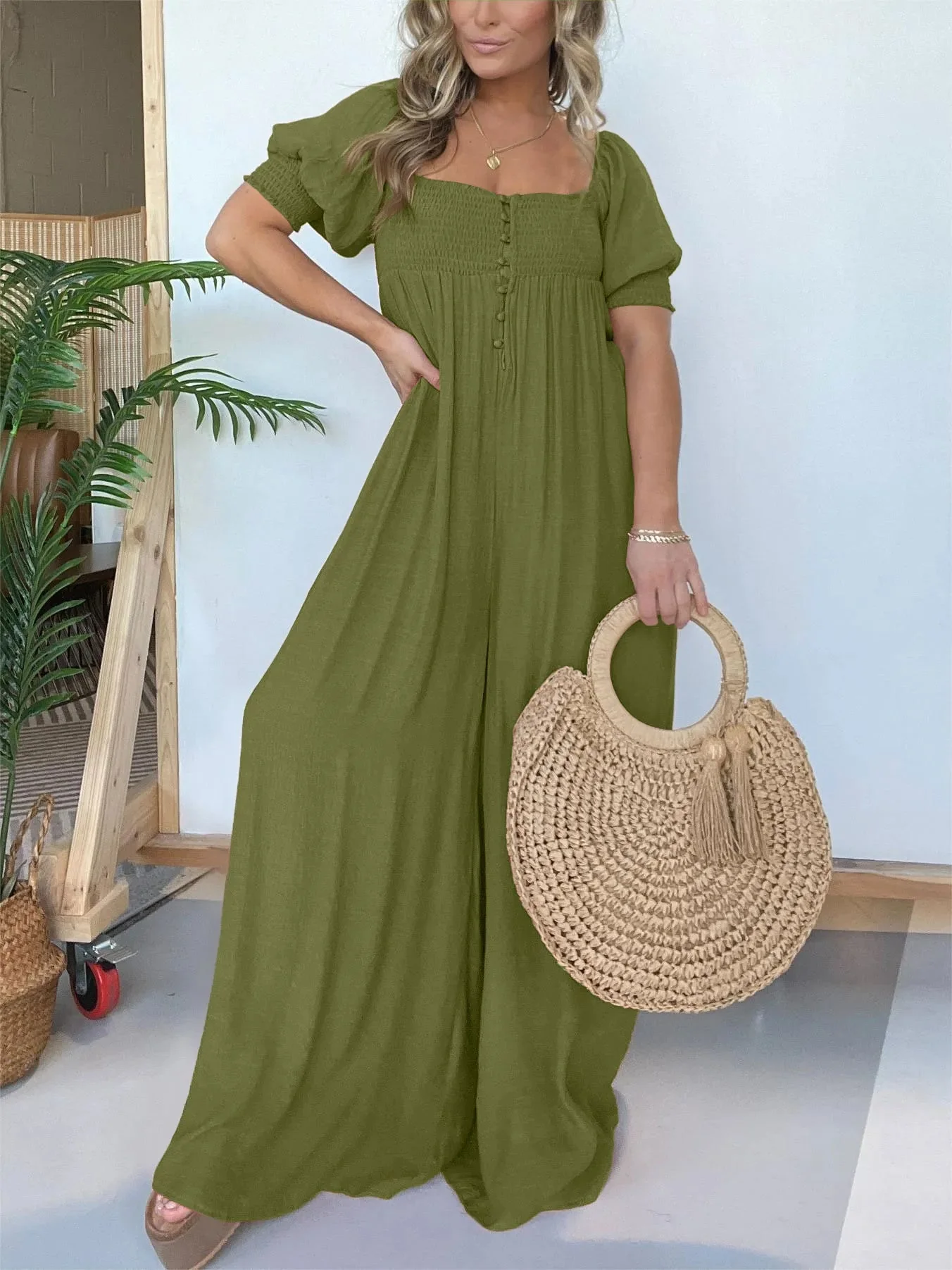 New Square Neckline Jumpsuit With Smocked Bodice Button - Image 11