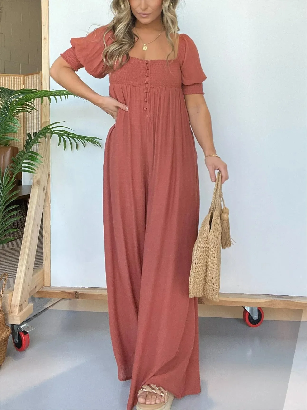 New Square Neckline Jumpsuit With Smocked Bodice Button - Image 2