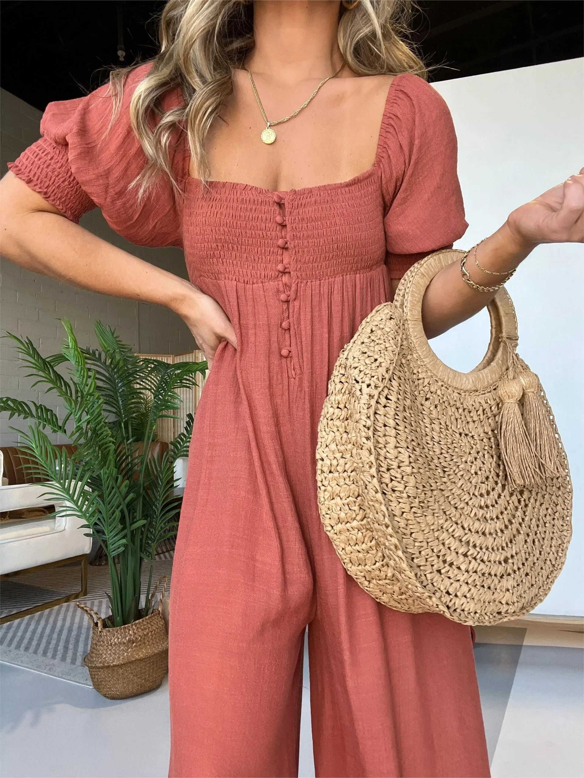 New Square Neckline Jumpsuit With Smocked Bodice Button - Image 3