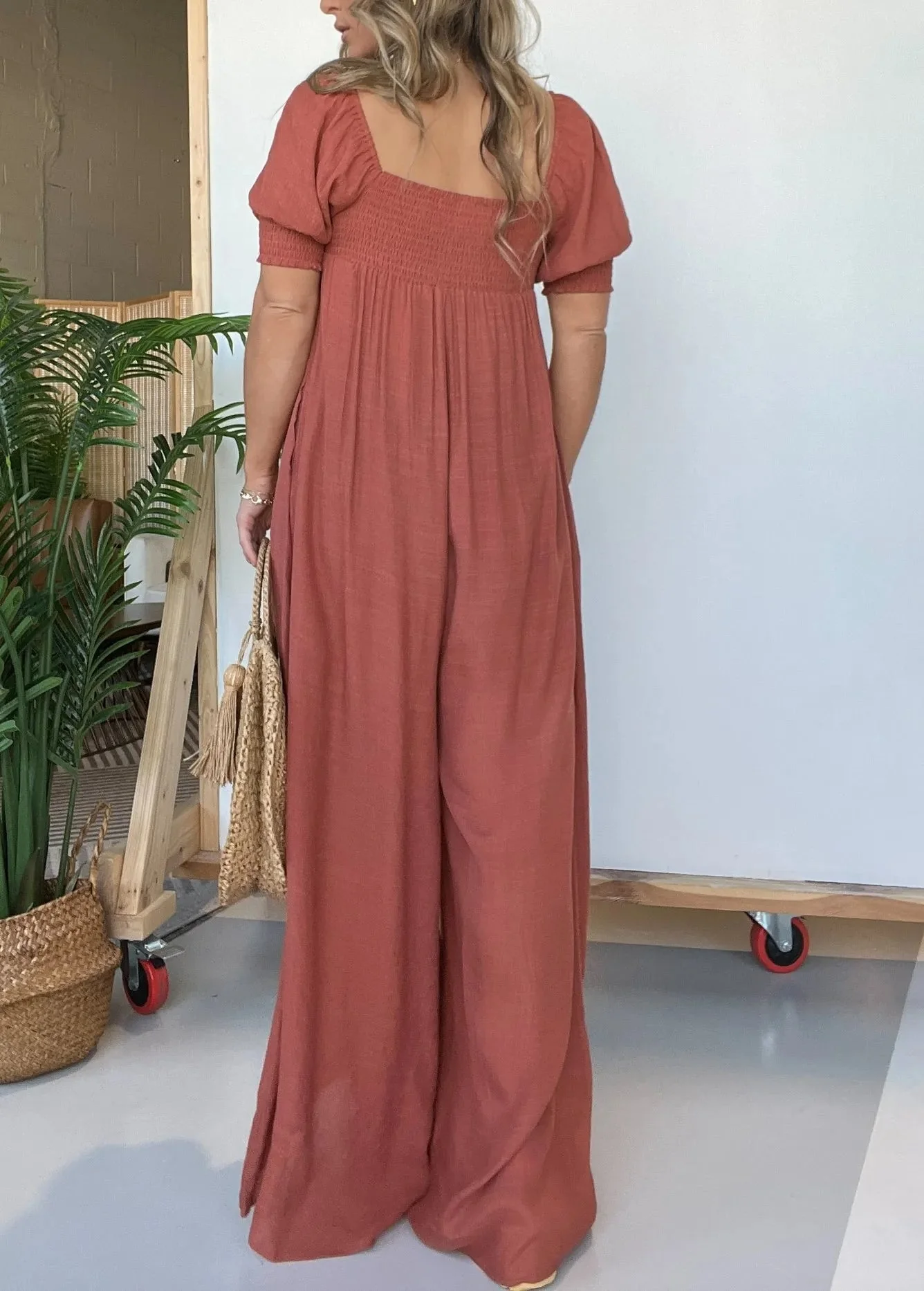 New Square Neckline Jumpsuit With Smocked Bodice Button - Image 4