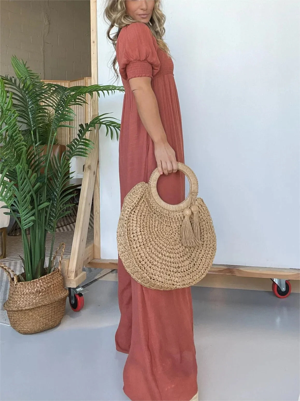 New Square Neckline Jumpsuit With Smocked Bodice Button - Image 5