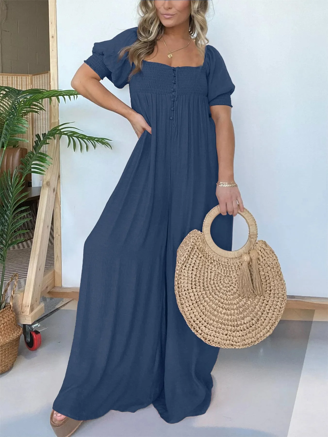 New Square Neckline Jumpsuit With Smocked Bodice Button - Image 6