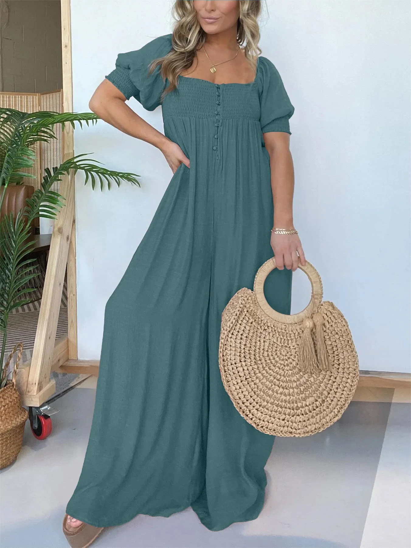 New Square Neckline Jumpsuit With Smocked Bodice Button - Image 7