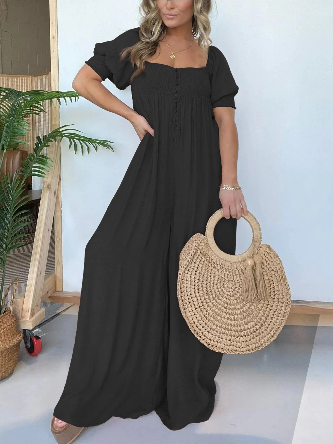 New Square Neckline Jumpsuit With Smocked Bodice Button - Image 8