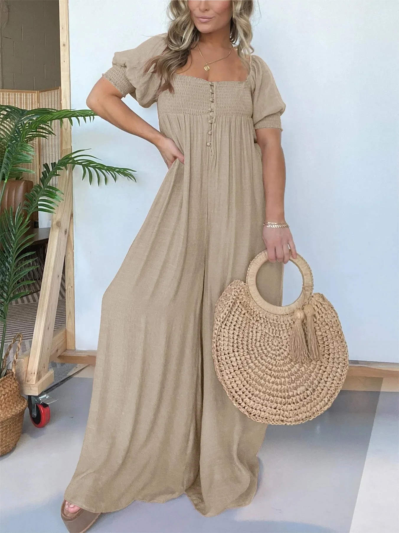New Square Neckline Jumpsuit With Smocked Bodice Button - Image 9