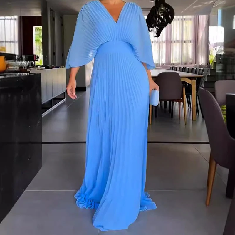 Pleated Batwing Sleeve Waist-Cinching Dress - Image 2