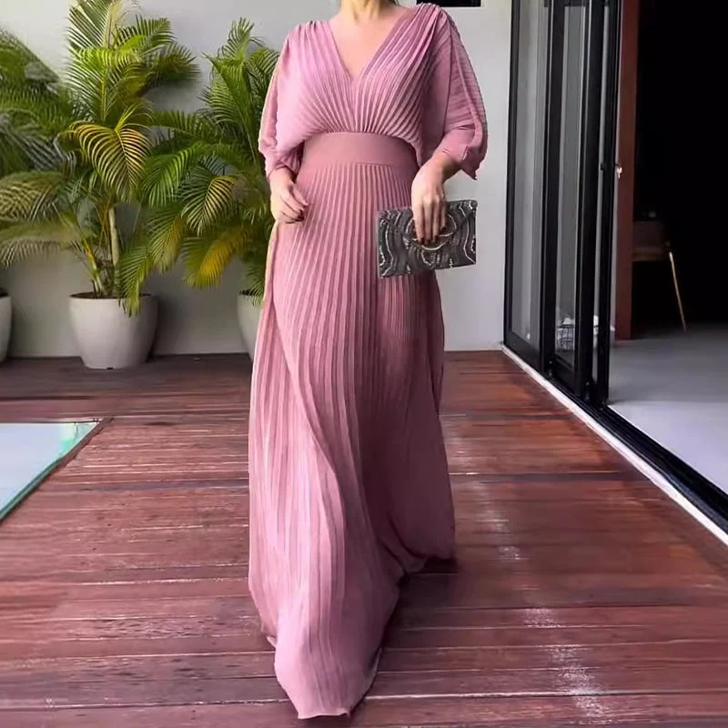 Pleated Batwing Sleeve Waist-Cinching Dress - Image 3