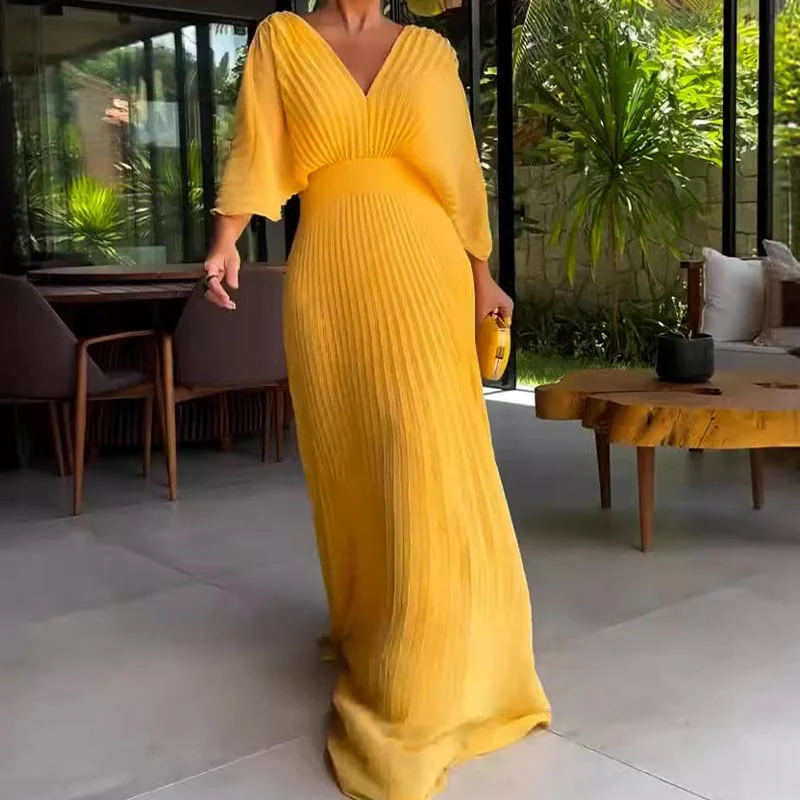 Pleated Batwing Sleeve Waist-Cinching Dress - Image 4