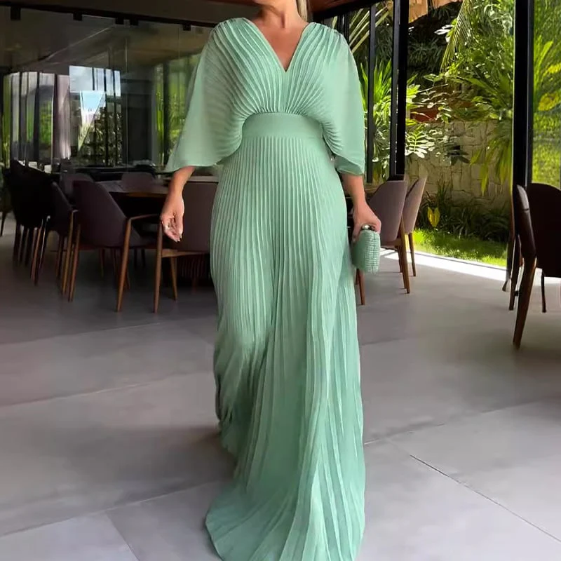 Pleated Batwing Sleeve Waist-Cinching Dress - Image 5
