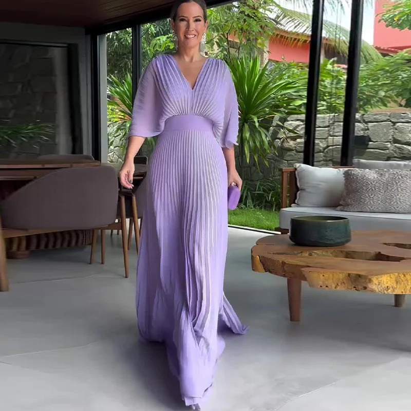 Pleated Batwing Sleeve Waist-Cinching Dress - Image 8