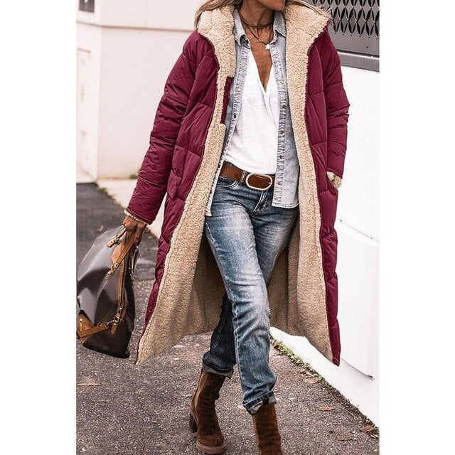 Reversible Sherpa Fleece Long Puffer Coats with Hood Outerwear - Image 2