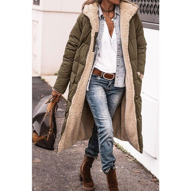 Reversible Sherpa Fleece Long Puffer Coats with Hood Outerwear - Image 3