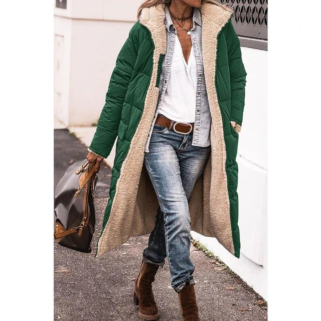 Reversible Sherpa Fleece Long Puffer Coats with Hood Outerwear - Image 4