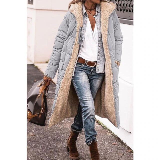Reversible Sherpa Fleece Long Puffer Coats with Hood Outerwear - Image 5