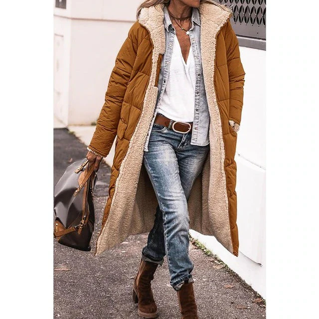 Reversible Sherpa Fleece Long Puffer Coats with Hood Outerwear - Image 7
