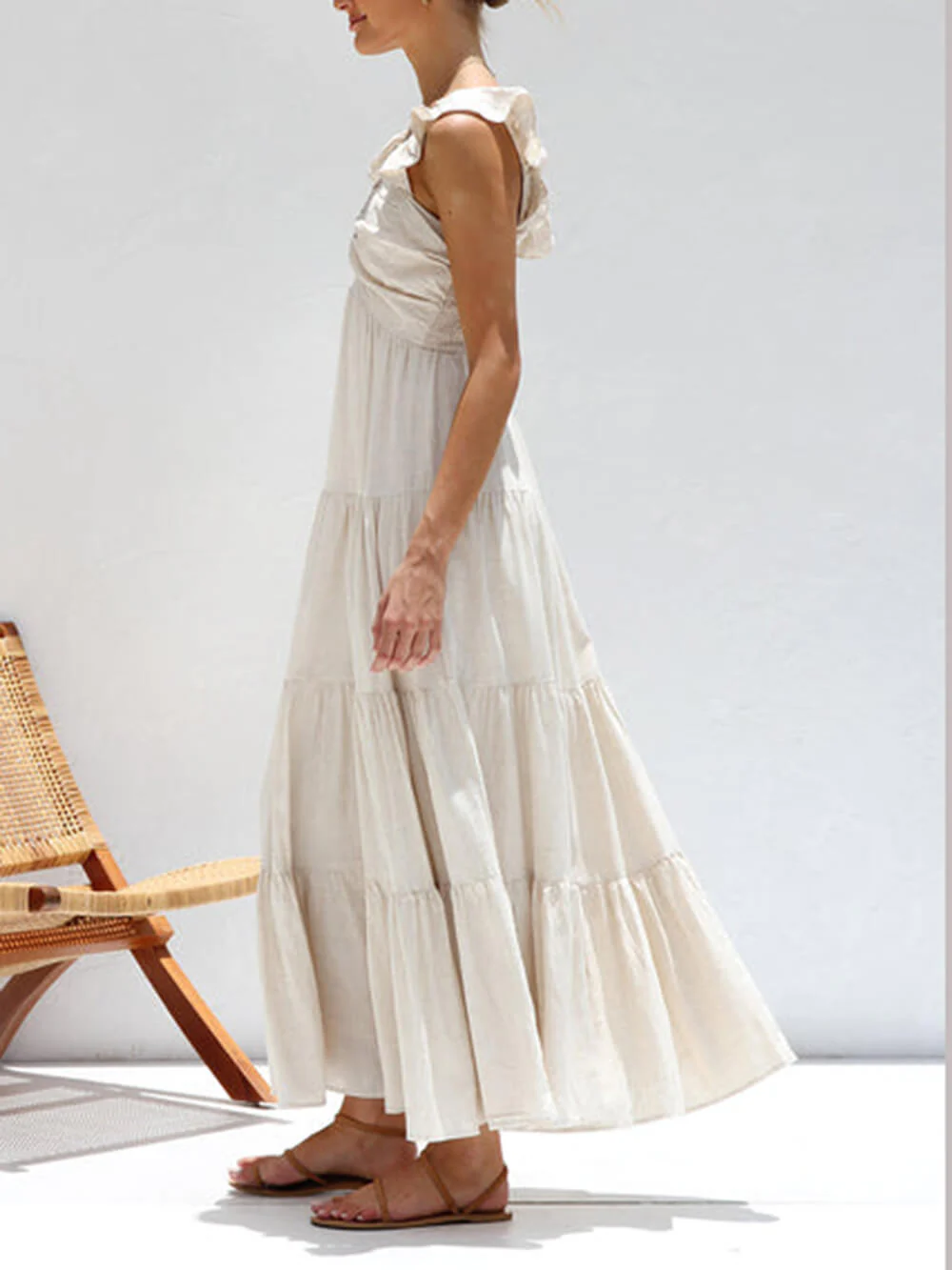 Ruffled Flying Sleeves Smocked Back Tiered Vacation Maxi Dress - Image 3