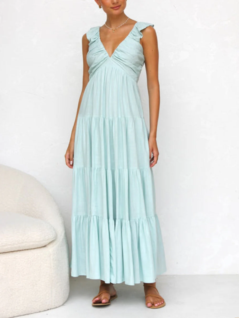 Ruffled Flying Sleeves Smocked Back Tiered Vacation Maxi Dress - Image 7