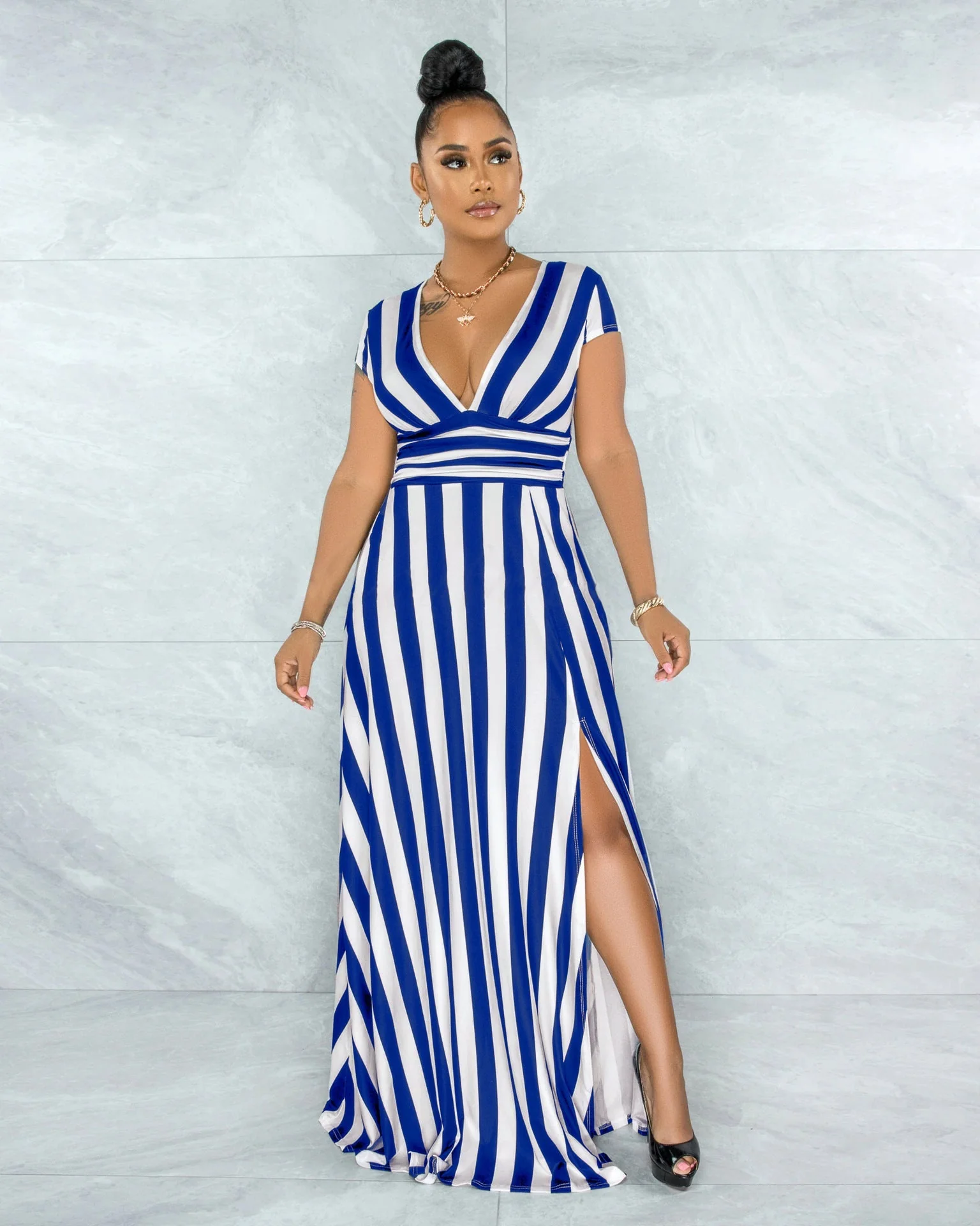 Sexy Striped High Waist Maxi Dress - Image 5