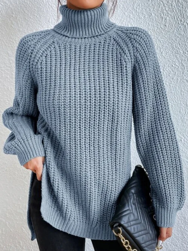 Cotton Turtleneck Raglan Sleeve Split Hem Sweater - Image 12