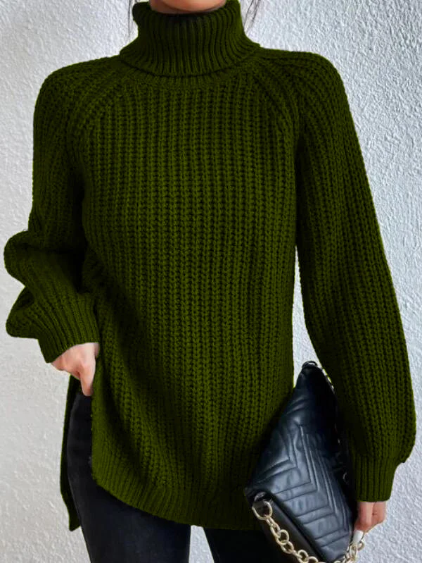 Cotton Turtleneck Raglan Sleeve Split Hem Sweater - Image 15