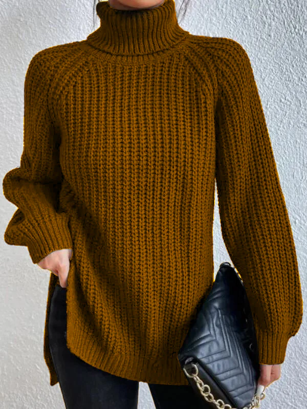Cotton Turtleneck Raglan Sleeve Split Hem Sweater - Image 6