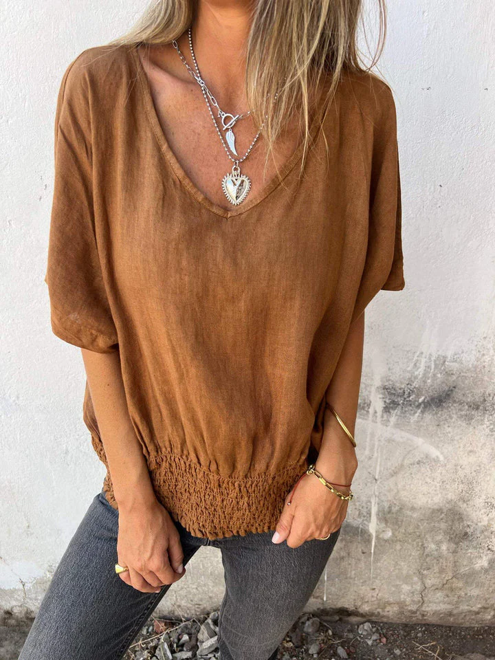 Women's Casual V-Neck Cotton And Linen Top - Image 3