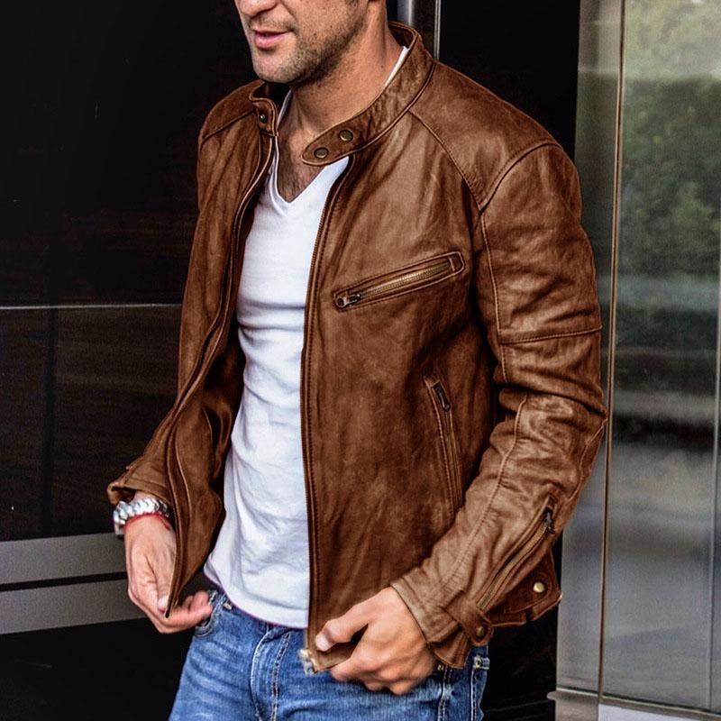 Stand-up collar Leather Jacket - Image 2
