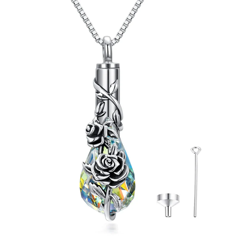 Sterling Silver Rose/Butterfly/Sunflower Flower Cremation Necklace For Ashes,Crystal Urn Necklace For Ashes For Women Memorial Jewelry