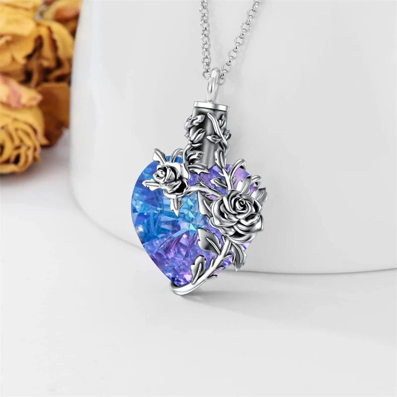 Sterling Silver Rose Flower Cremation Necklace For Ashes, Red/Blue Crystal Urn Necklace For Ashes For Women Memorial Jewelry - Image 10