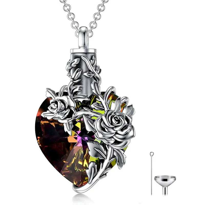 Sterling Silver Rose Flower Cremation Necklace For Ashes, Red/Blue Crystal Urn Necklace For Ashes For Women Memorial Jewelry - Image 15