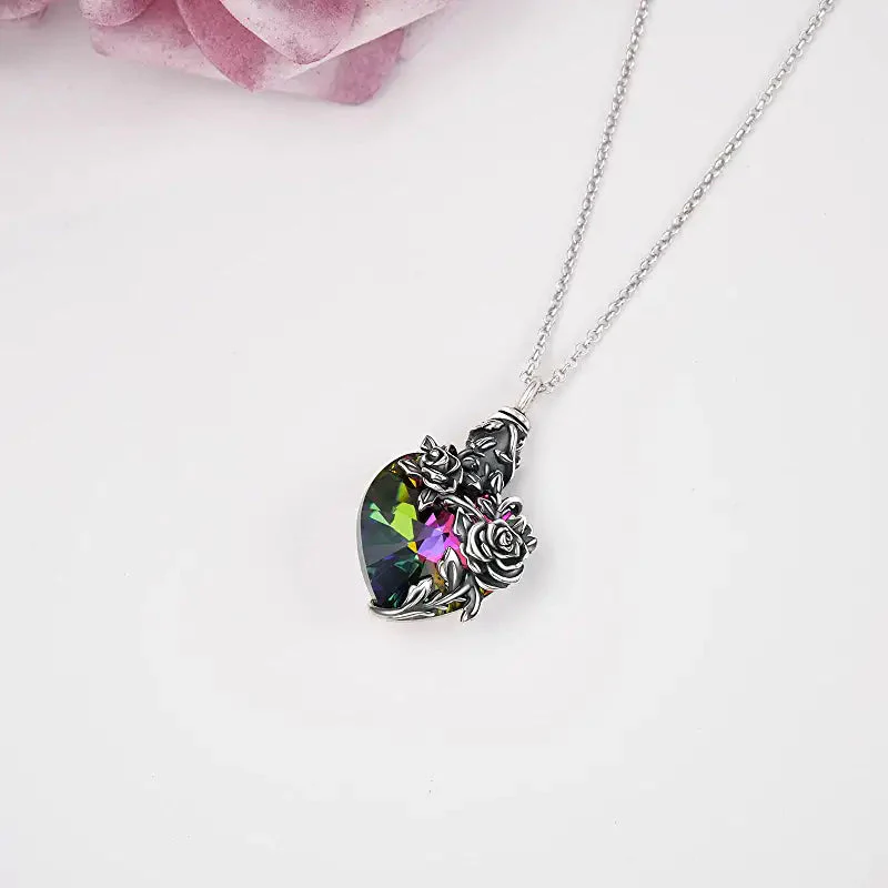 Sterling Silver Rose Flower Cremation Necklace For Ashes, Red/Blue Crystal Urn Necklace For Ashes For Women Memorial Jewelry - Image 16