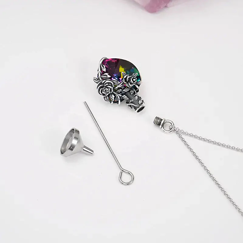 Sterling Silver Rose Flower Cremation Necklace For Ashes, Red/Blue Crystal Urn Necklace For Ashes For Women Memorial Jewelry - Image 17