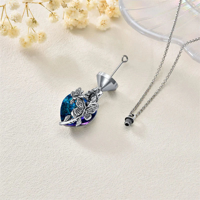 Sterling Silver Rose Flower Cremation Necklace For Ashes, Red/Blue Crystal Urn Necklace For Ashes For Women Memorial Jewelry - Image 20