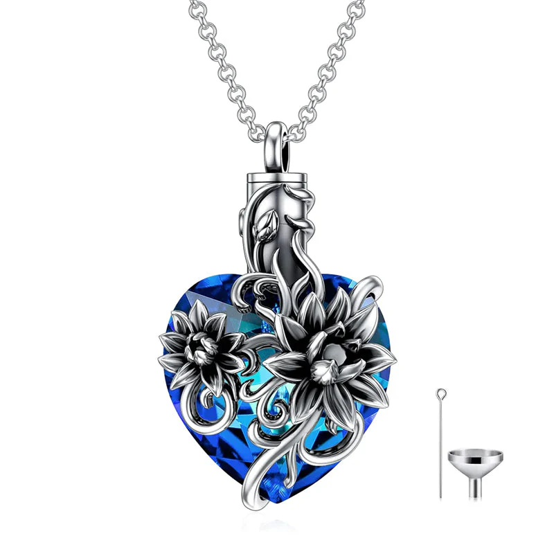 Sterling Silver Rose Flower Cremation Necklace For Ashes, Red/Blue Crystal Urn Necklace For Ashes For Women Memorial Jewelry - Image 24