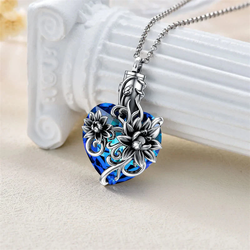 Sterling Silver Rose Flower Cremation Necklace For Ashes, Red/Blue Crystal Urn Necklace For Ashes For Women Memorial Jewelry - Image 27