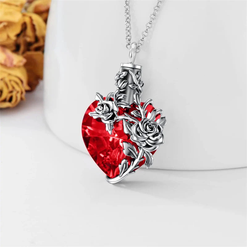 Sterling Silver Rose Flower Cremation Necklace For Ashes, Red/Blue Crystal Urn Necklace For Ashes For Women Memorial Jewelry - Image 4
