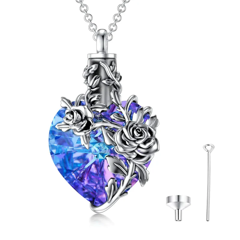 Sterling Silver Rose Flower Cremation Necklace For Ashes, Red/Blue Crystal Urn Necklace For Ashes For Women Memorial Jewelry - Image 7