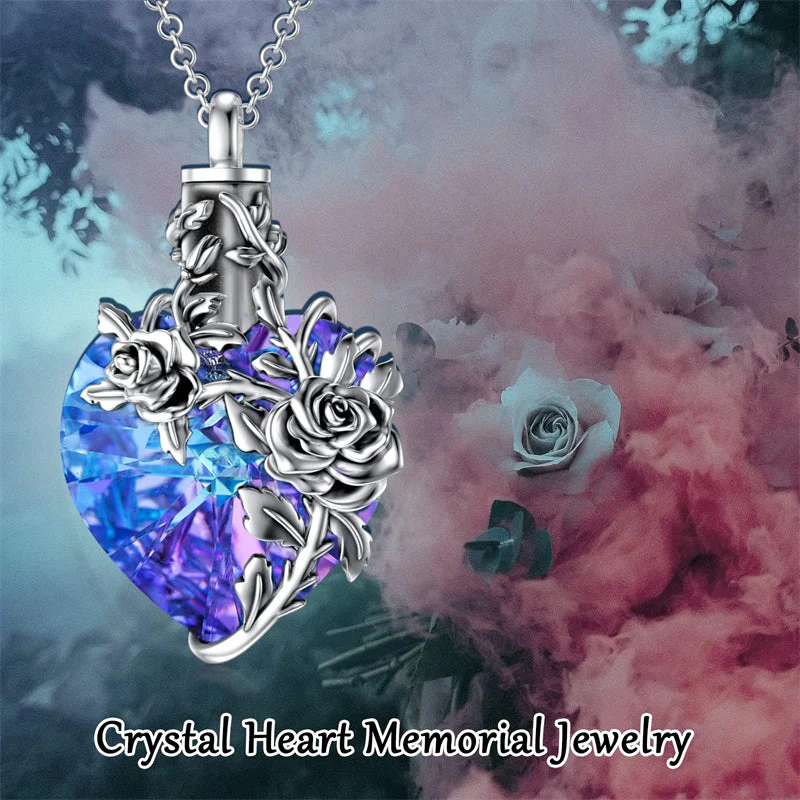 Sterling Silver Rose Flower Cremation Necklace For Ashes, Red/Blue Crystal Urn Necklace For Ashes For Women Memorial Jewelry - Image 9