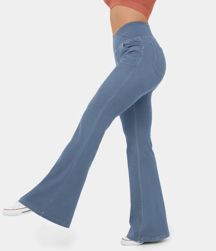 Stretchy Knit Denim Casual Super Flare Pants - Image 12