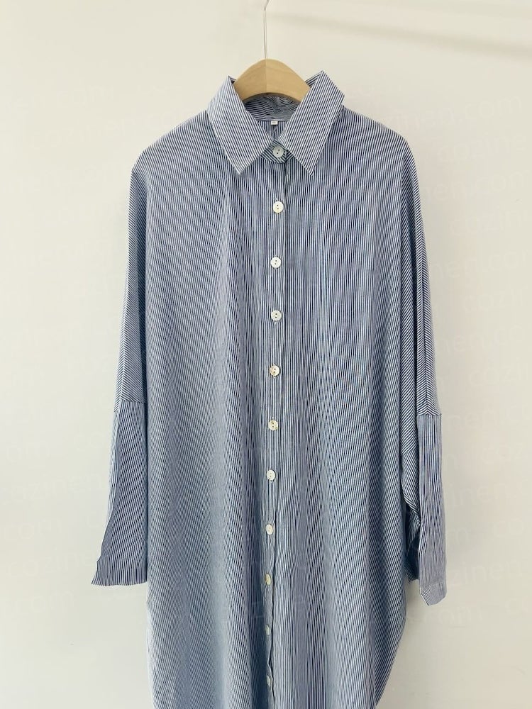 [Relaxed]Striped Cardigan Loose Large Size Irregular Dress - Image 3