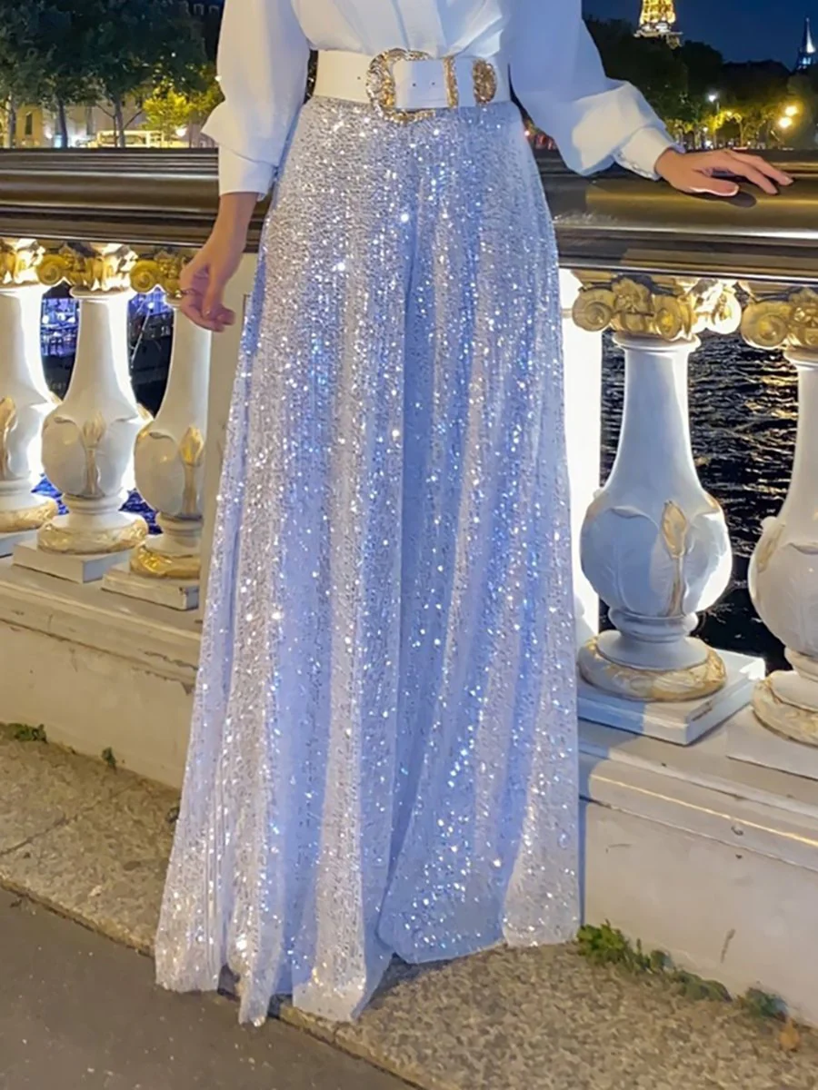 Stylish V-Neck Long Sleeve Shirt & Sequin Wide Leg Pants Two Piece Set - Image 4