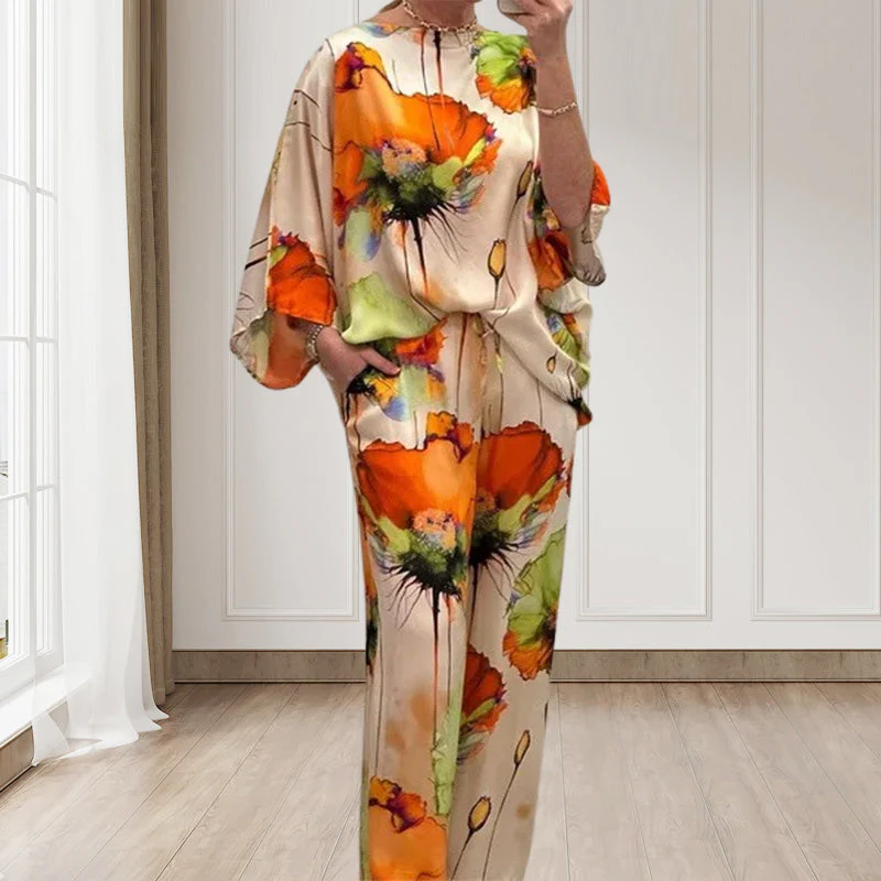 Stylish Watercolor Floral Print Loose 2-Piece Suit - Image 3